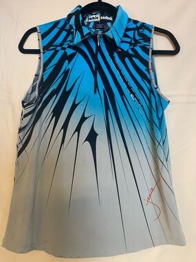 jamie sadock Blue and Gray Graphic Sleeveless Zip Polo